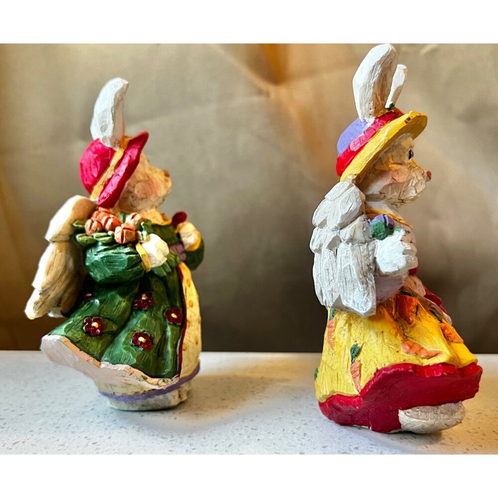 Two Bunny Garden Angel Figurines With Hats & Dresses Hand-Painted Decor - Picture 6 of 12